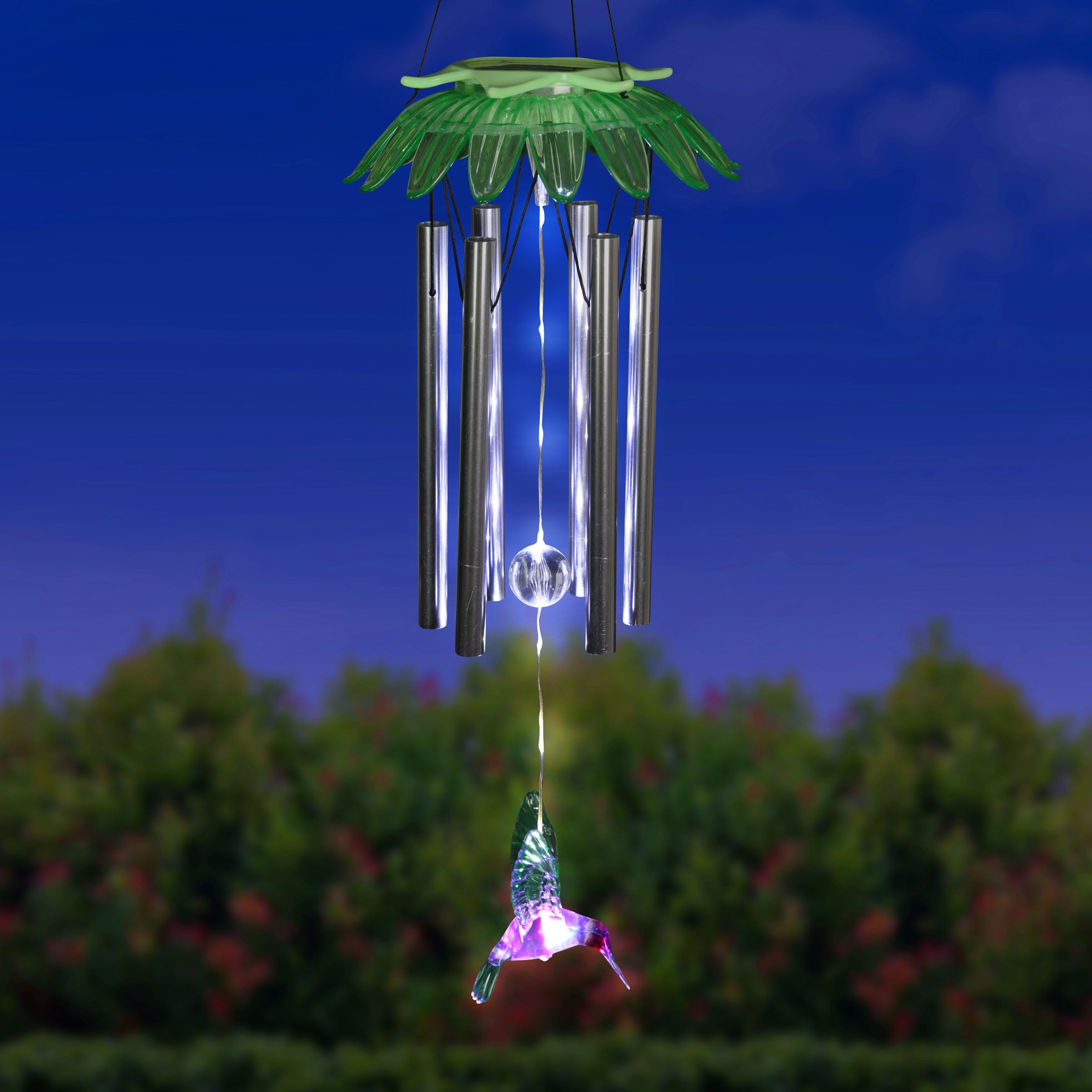 Solar LED Green Flower Hanging Wind Chime with Hummingbird Charm - Thumbnail 4