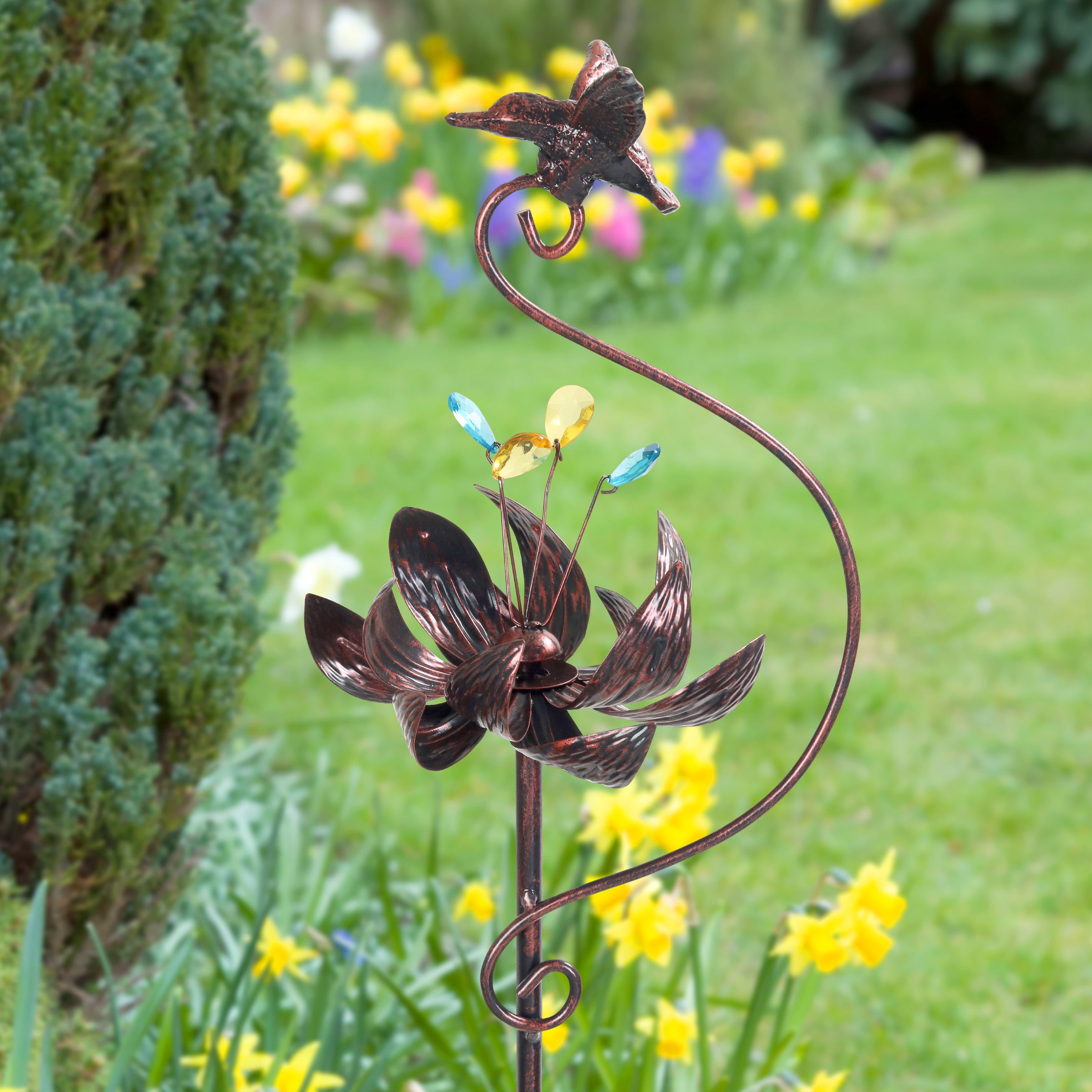 Exhart Kinetic Lotus with Hummingbird Spinner Garden Stake - Thumbnail 4