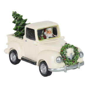 Vintage White Holiday Truck Driven by Santa with a Christmas Tree Statuary on a Battery Powered Timer, 12 x 6  Inches | Exhart