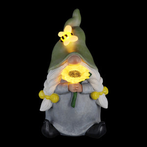 Solar Hand Painted Girl Gnome Garden Statue with Glowing Sunflower and Bumblebee, 6 by 9.5 Inches | Exhart