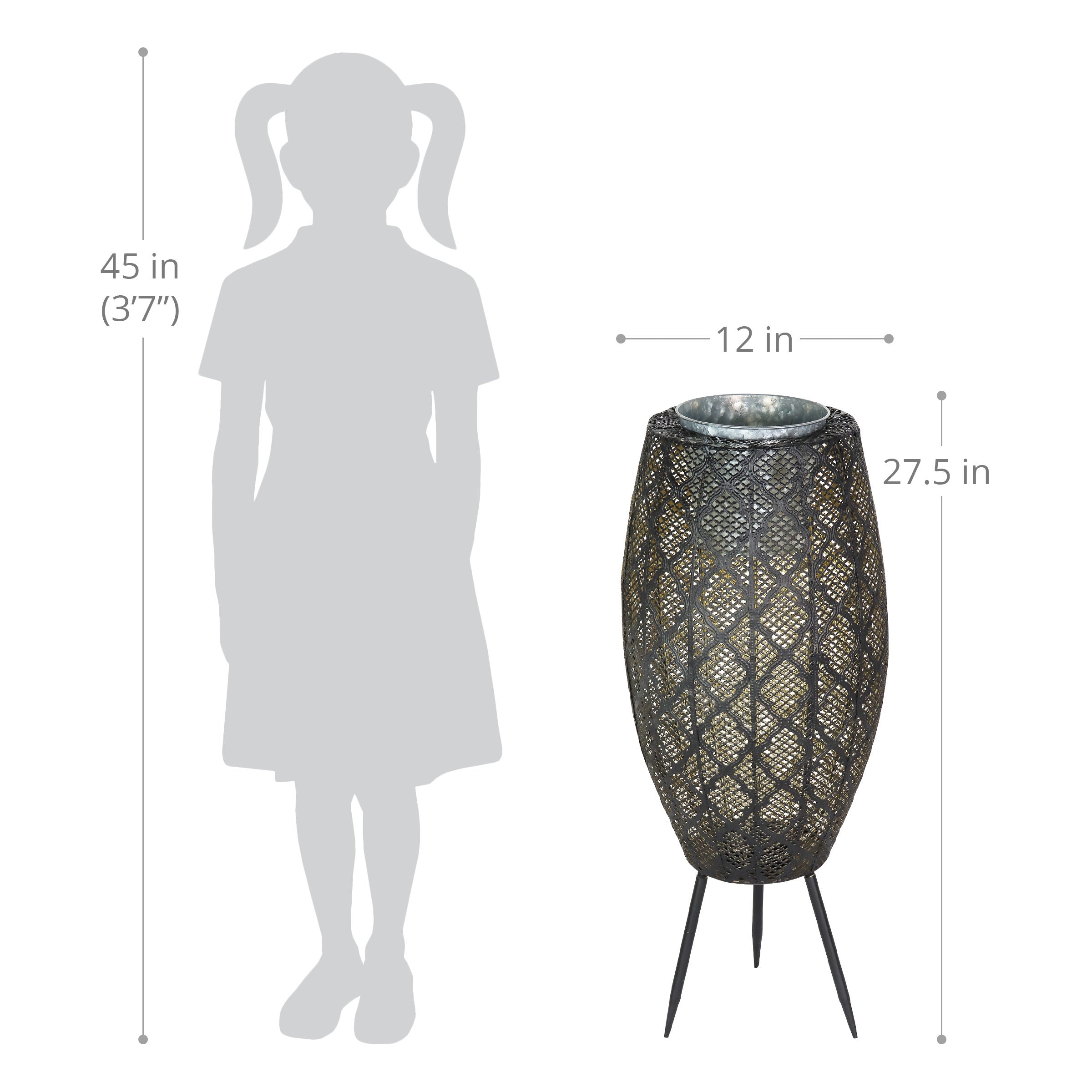 Black Metal Filigree Planter with 30 LED lights on a Battery Operated Timer