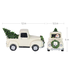 Vintage White Holiday Truck Driven by Santa with a Christmas Tree Statuary on a Battery Powered Timer, 12 x 6  Inches | Exhart