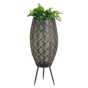 black metal plant pot Black Metal Filigree Planter with 30 LED lights on a Battery Operated Timer, 27 Inches tall