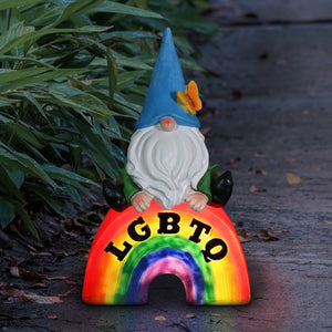 Gnome on a Glowing LGBTQ Rainbow Statuary with Automatic Timer, 7 by 11.5 Inches | Shop Garden Decor by Exhart