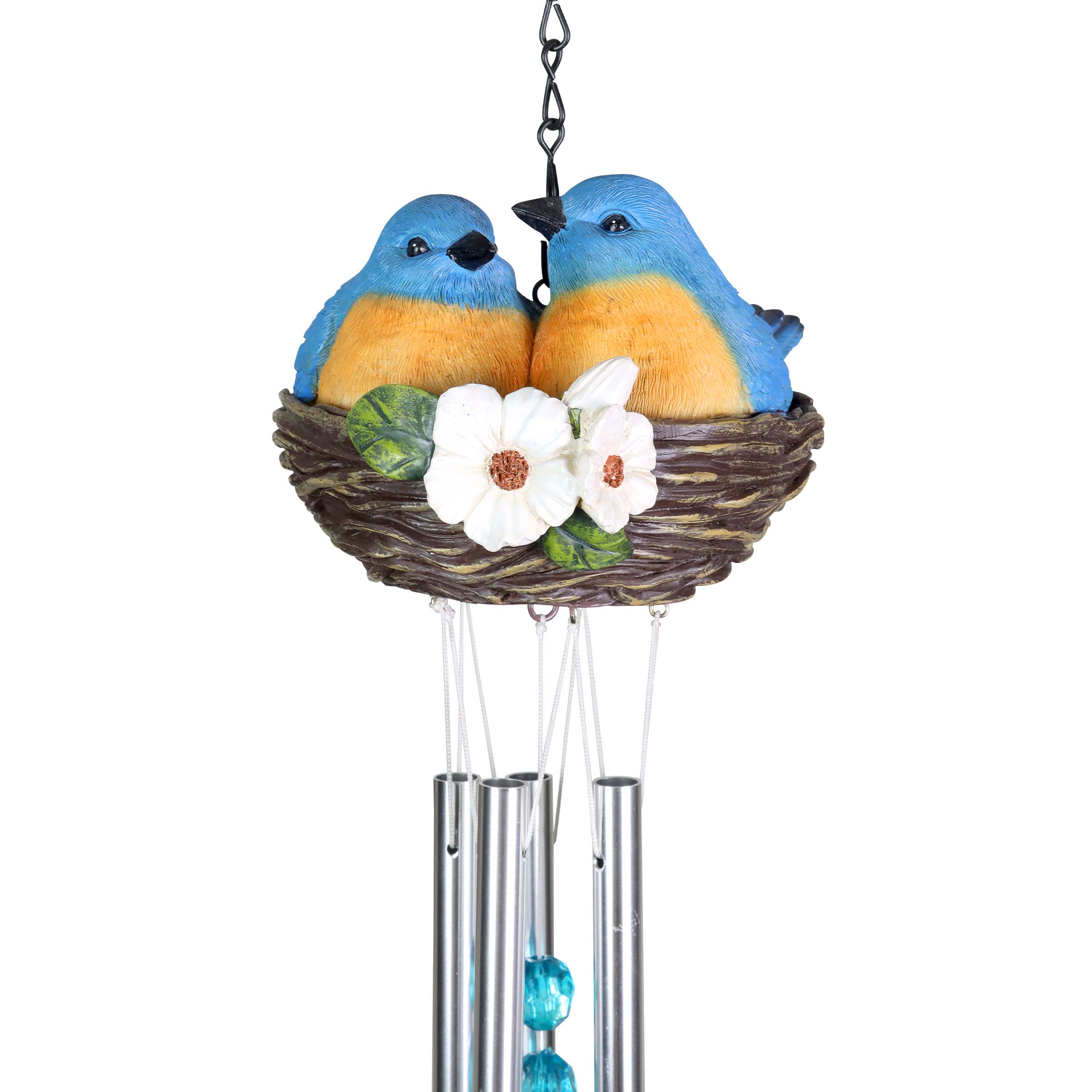 Nesting Blue Birds with Flowers Hand Painted Resin Hanging Wind Chime