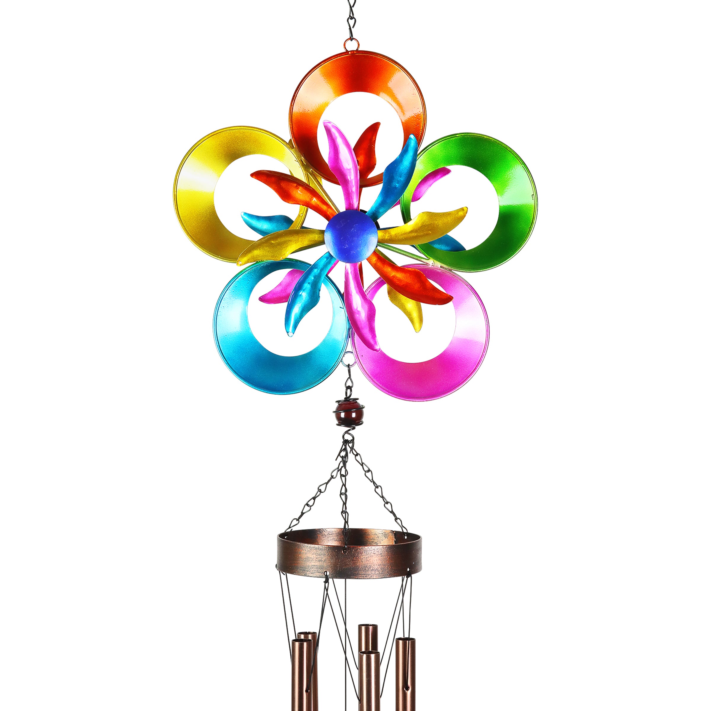 Double Spinning Metal Rainbow Pinwheel Wind Chime