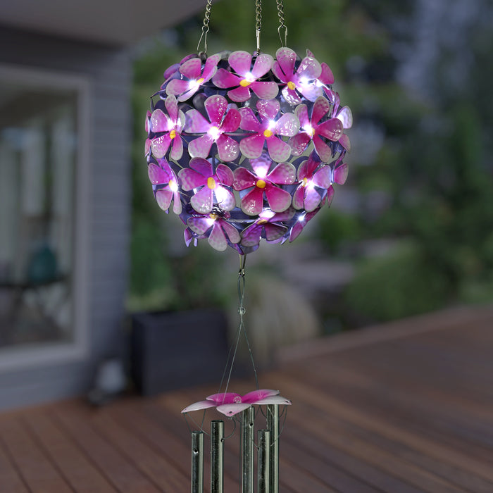 Solar Hanging Pink Hydrangea Flower Ball Wind Chime with Thirty-Eight LED Lights, 6 by 27 Inches