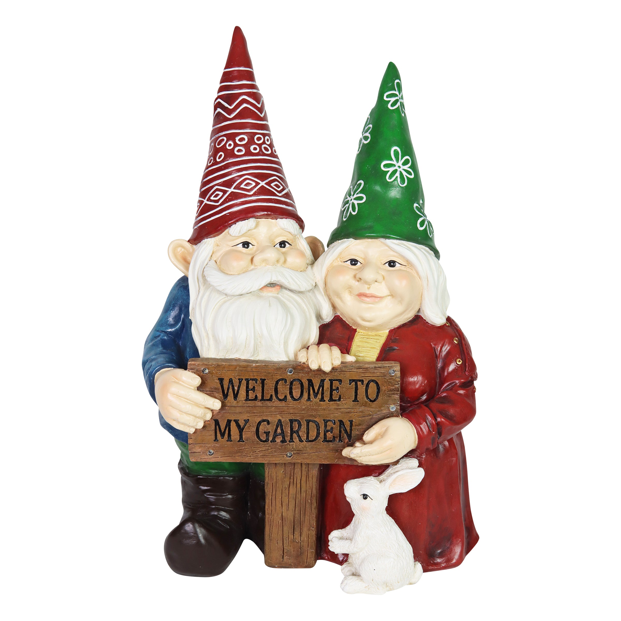 Solar Pastel Garden Gnome Couple with LED Welcome Sign Statuary - Thumbnail 3