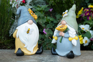 Solar Hand Painted Girl Gnome Garden Statue with Glowing Sunflower and Bumblebee, 6 by 9.5 Inches | Exhart