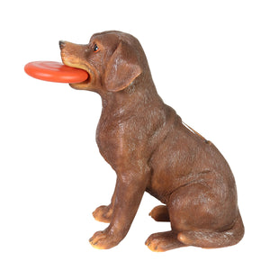Solar Chocolate Labrador Retriever Dog with LED Frisbee Garden Statuary, 14 Inch tall | Shop Garden Decor by Exhart