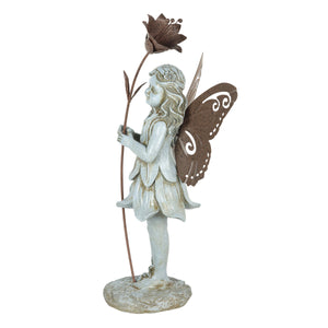 Stone Fairy Right Facing Statue with Metal Wings and Metal Flower, 8.5 by 19 Inch | Shop Garden Decor by Exhart