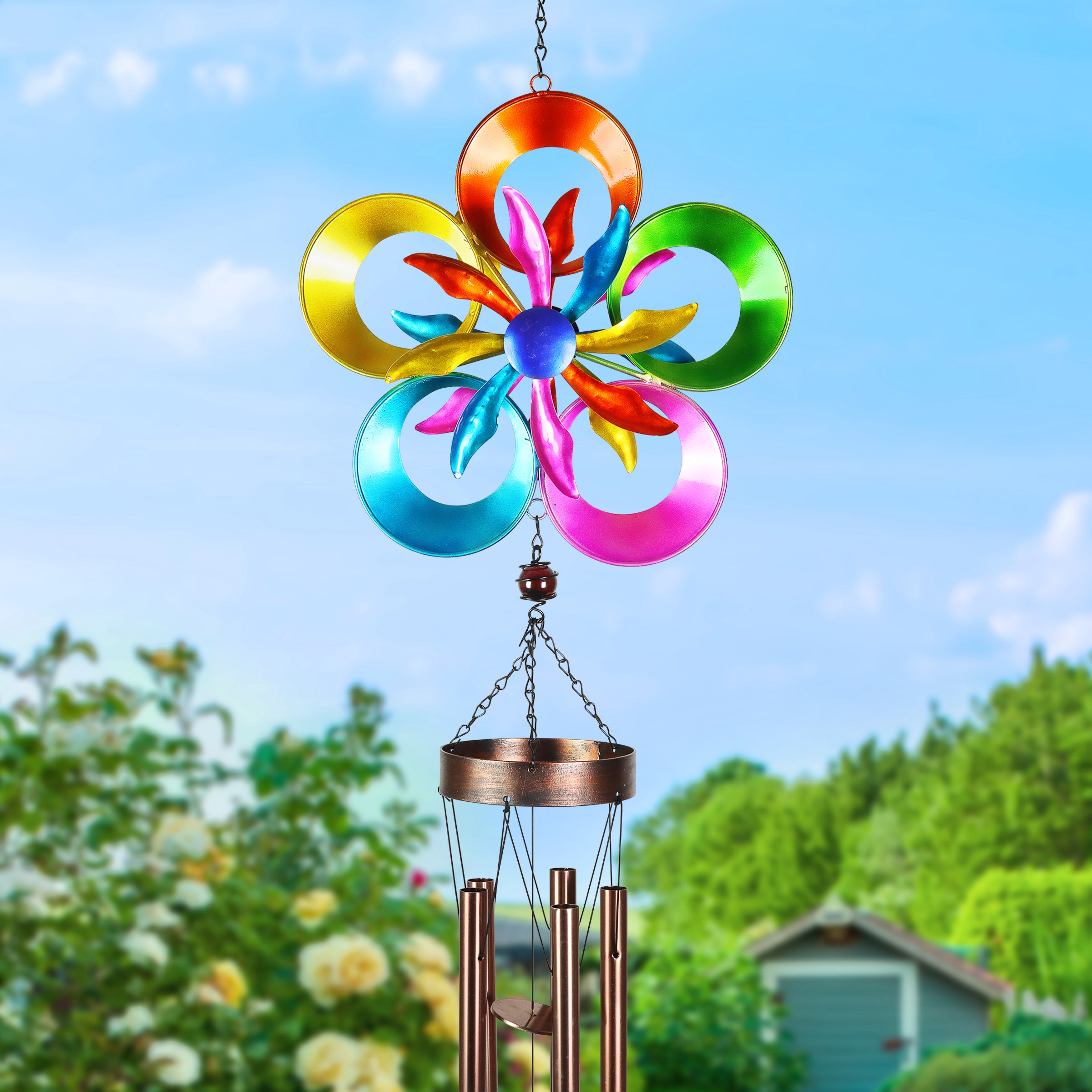 Double Spinning Metal Rainbow Pinwheel Wind Chime - Thumbnail 4
