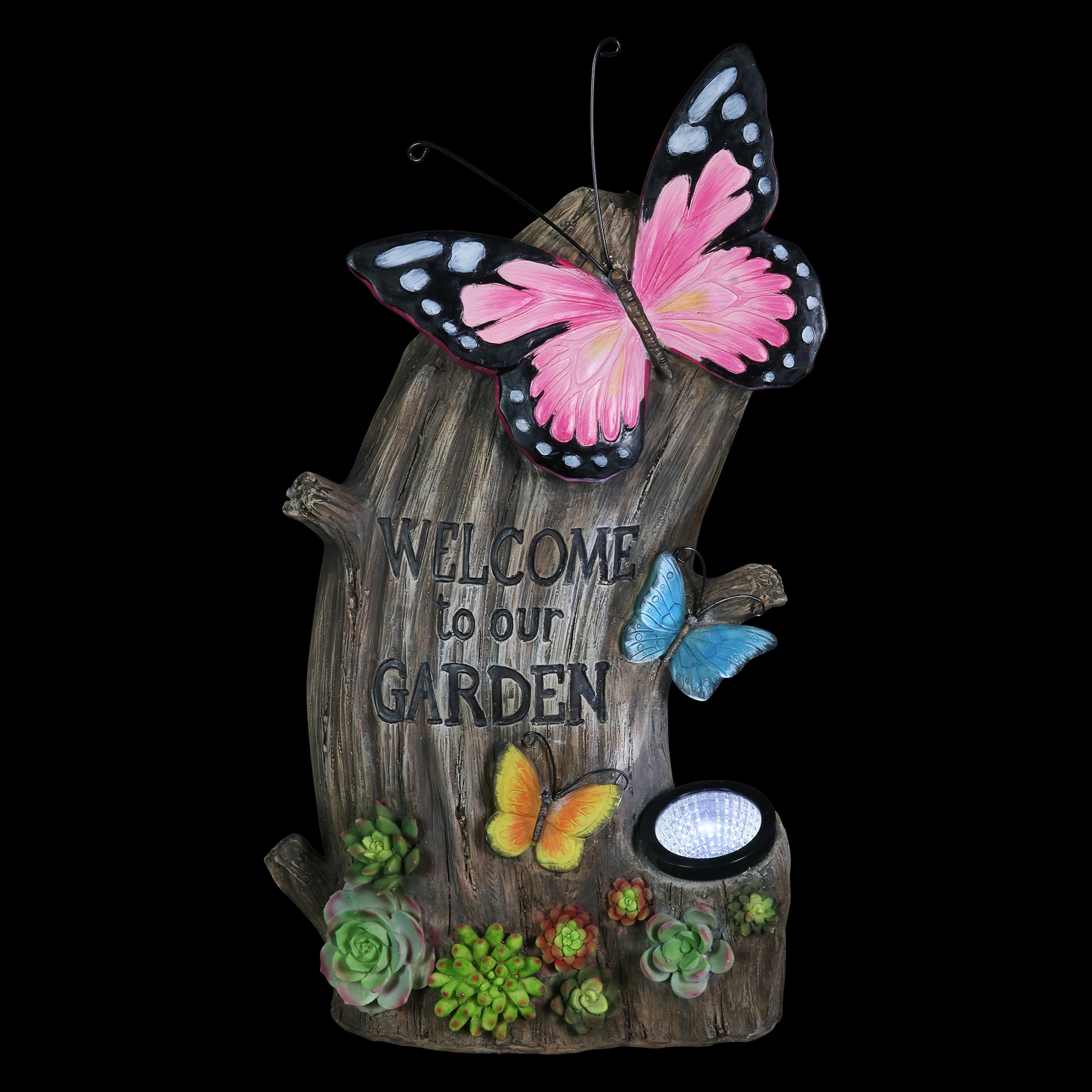 Solar Hand Painted Welcome Tree Stump Statuary with Butterflies and Succulents - Thumbnail 3