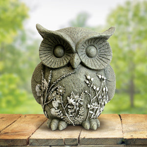 Solar Owl Garden Statue with Flowers, 12 Inch