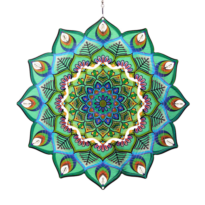 Laser Cut Green Metal Hanging Garden Spinner with Beaded Details, 12 Inch