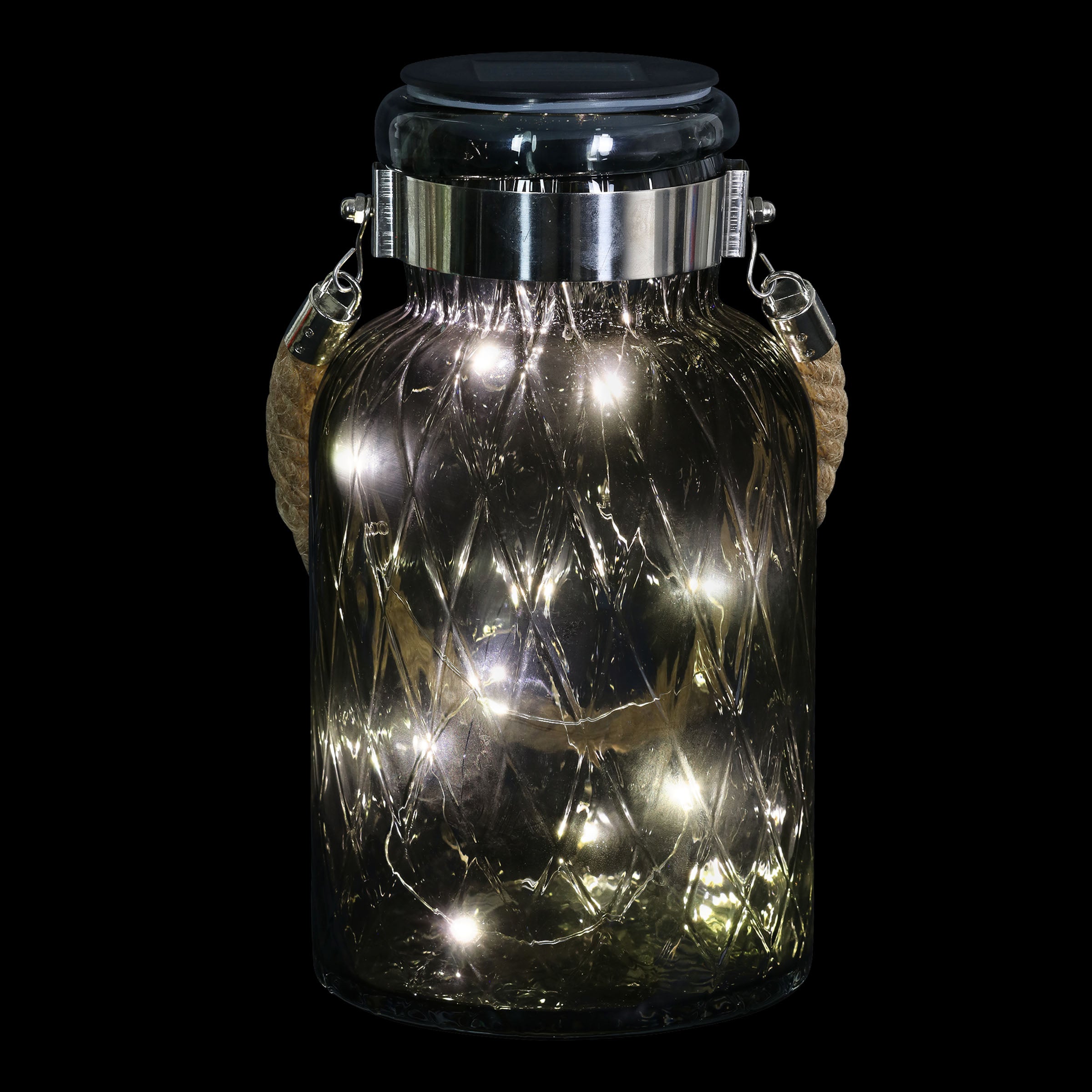Solar Diamond Glass Accent Lantern with Rope and Twelve LED Lights in Grey, 10.5 Inches - Thumbnail 3