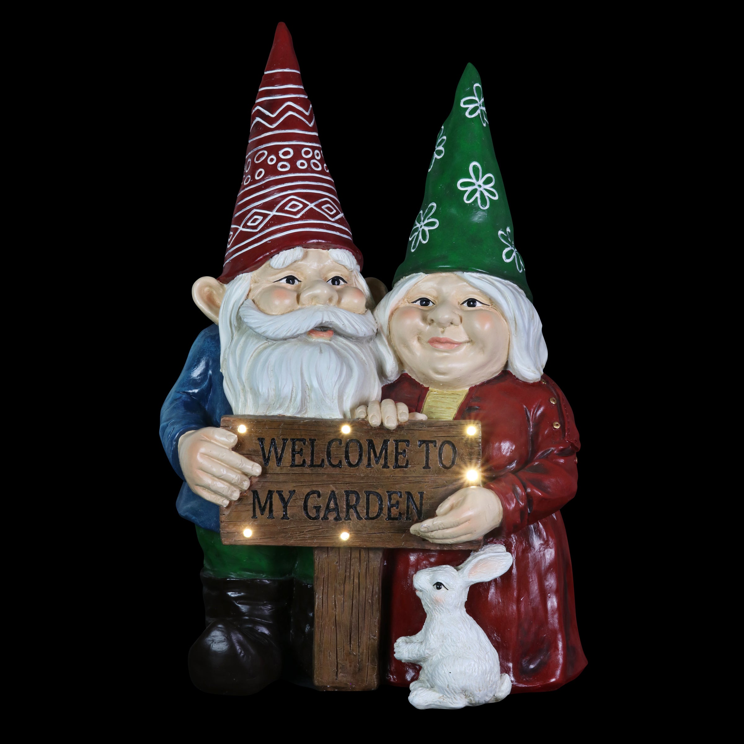 Solar Pastel Garden Gnome Couple with LED Welcome Sign Statuary - Thumbnail 5