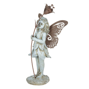 Stone Fairy Right Facing Statue with Metal Wings and Metal Flower, 8.5 by 19 Inch | Shop Garden Decor by Exhart