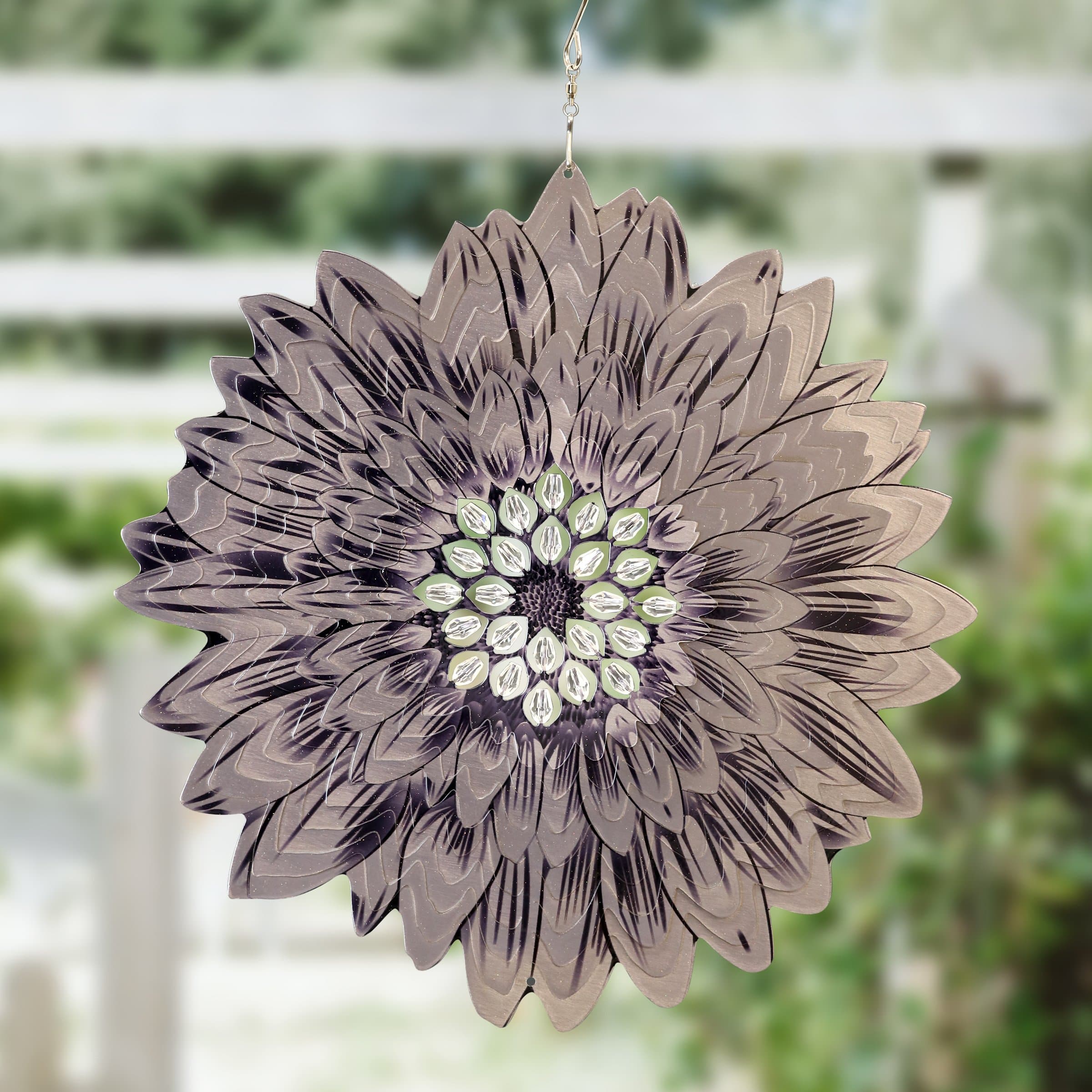 Silver Sunflower 3D Laser Cut Hanging Garden Spinner with Beads - Thumbnail 5