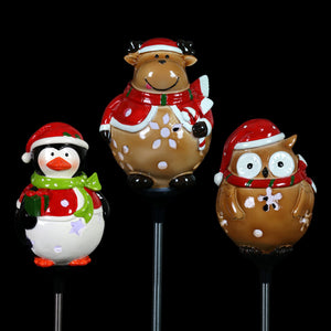 3 Piece Set Solar Holiday Garden Stake Assortment in Penguin, Owl and Reindeer Designs, 5 by 30 Inches