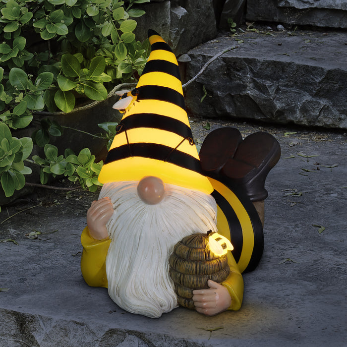 Solar Beekeeper Garden Gnome with Bee Hive Statuary, 5.5 by 8.5 Inches