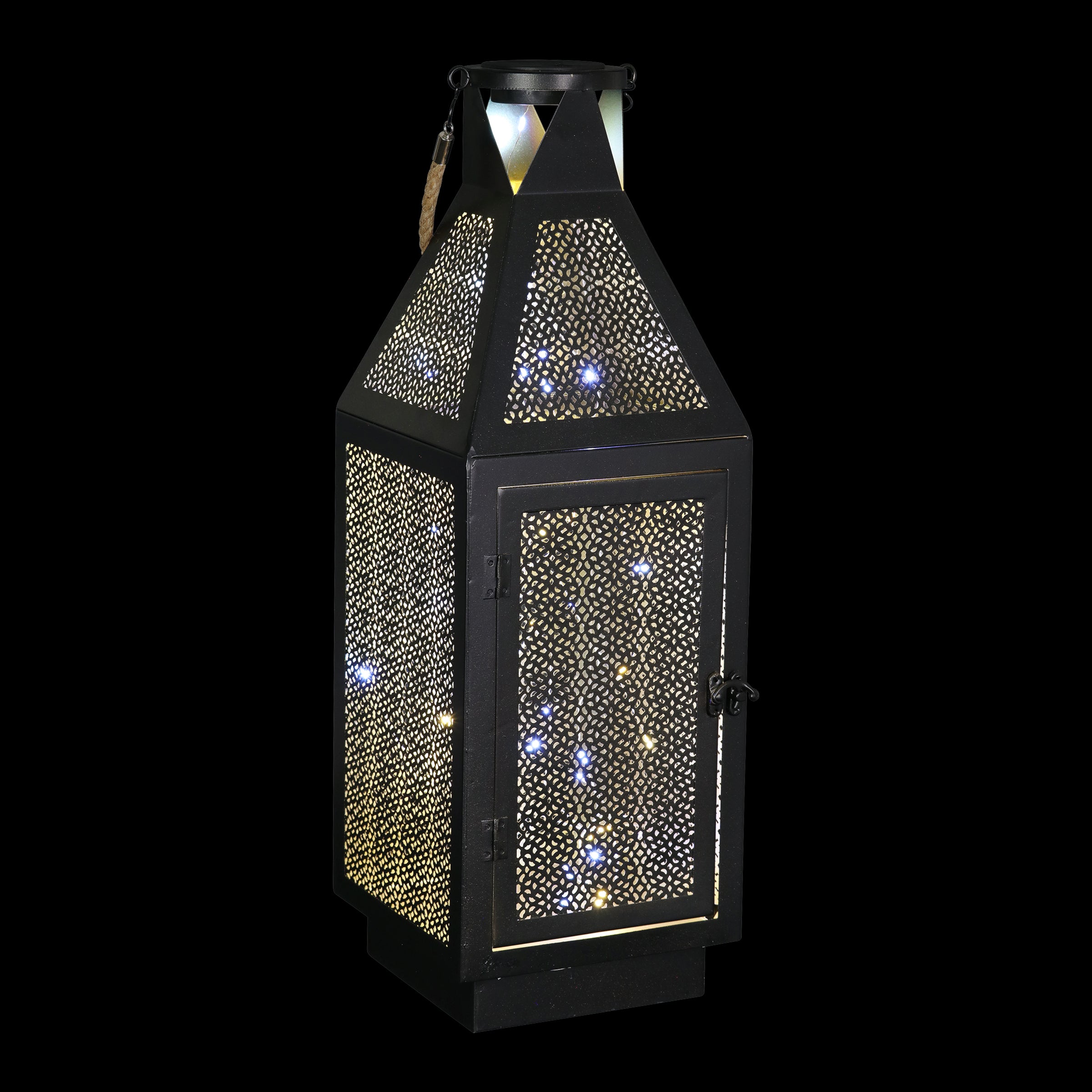 Black Metal Filigree Lantern with Fifty LED Lights - Thumbnail 3