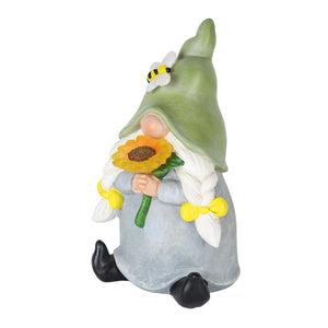 Solar Hand Painted Girl Gnome Garden Statue with Glowing Sunflower and Bumblebee, 6 by 9.5 Inches | Exhart