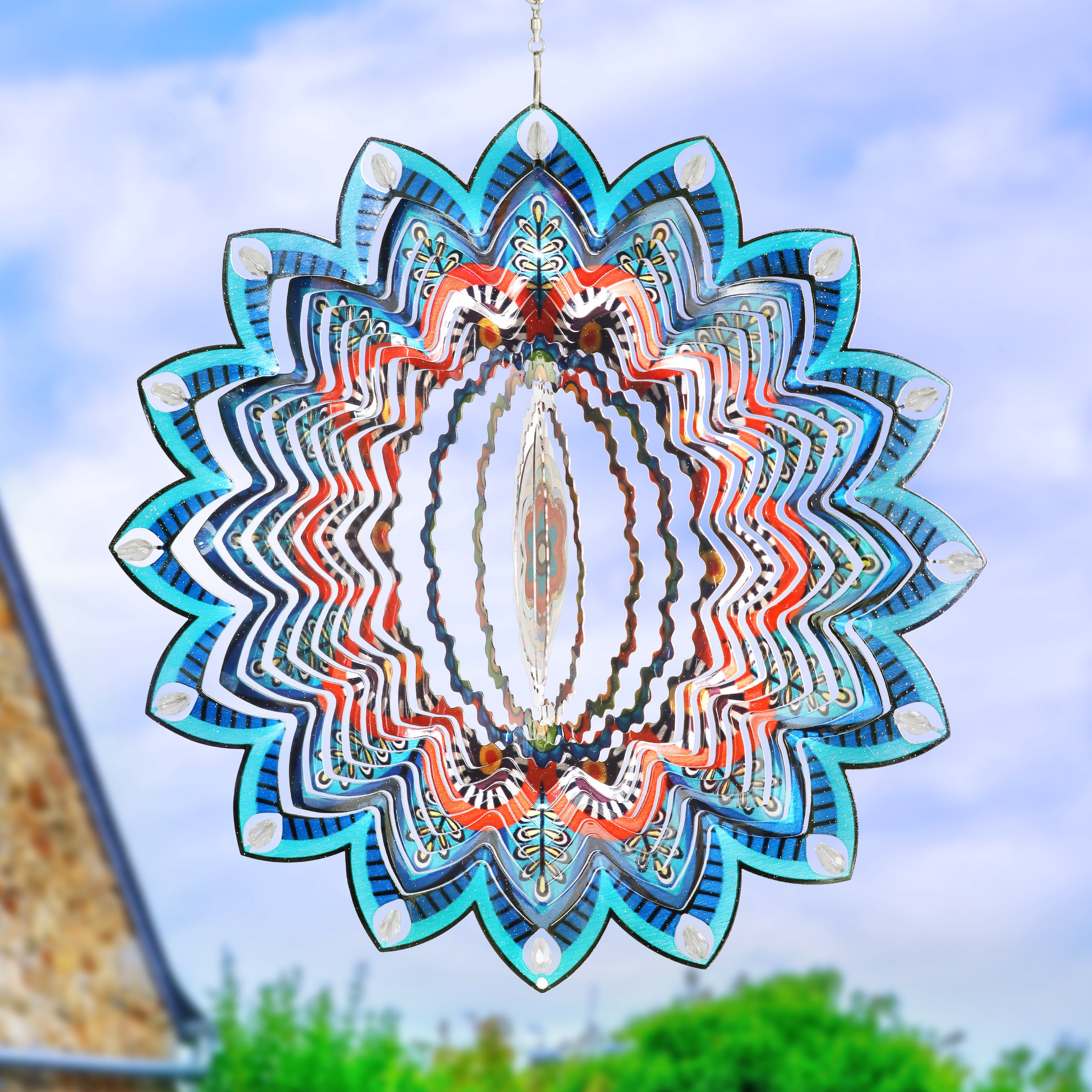 Laser Cut Colorful Metal Mandala Hanging Spinner with Beaded Details - Thumbnail 4