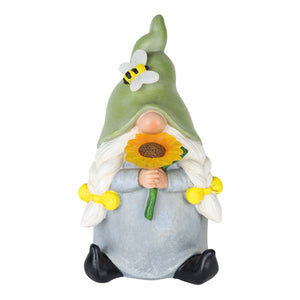 Solar Hand Painted Girl Gnome Garden Statue with Glowing Sunflower and Bumblebee, 6 by 9.5 Inches | Exhart