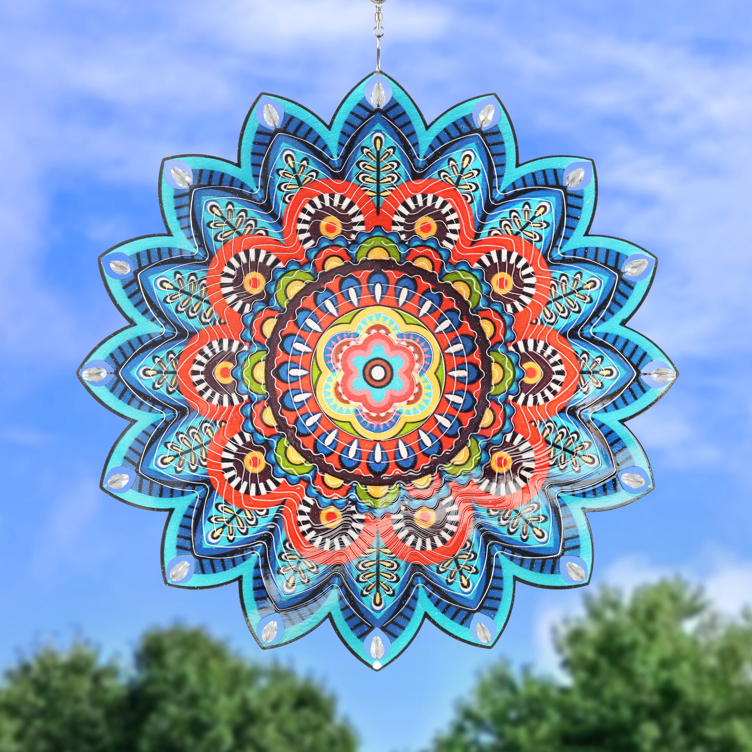 Laser Cut Colorful Metal Mandala Hanging Spinner with Beaded Details - Thumbnail 5