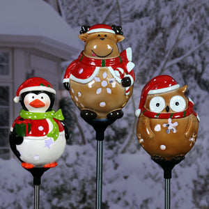 3 Piece Set Solar Holiday Garden Stake Assortment in Penguin, Owl and Reindeer Designs, 5 by 30 Inches
