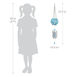 Solar Hanging Turquoise Hydrangea Flower Ball Wind Chime with Thirty-Eight LED Lights, 6 by 27 Inches | Exhart