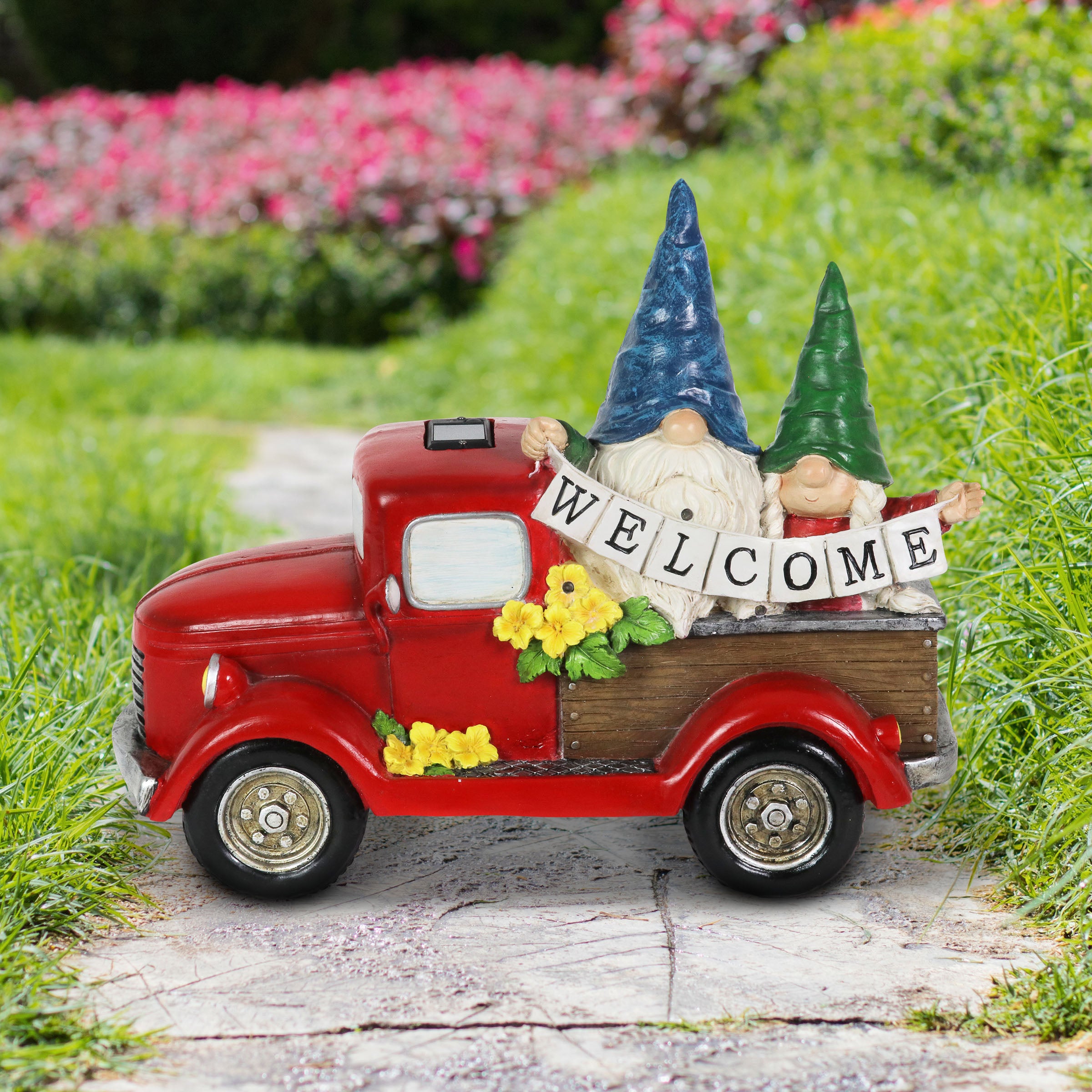 Solar Gnome Couple in Red Retro Truck with LED Welcome Sign Garden Statuary - Thumbnail 4