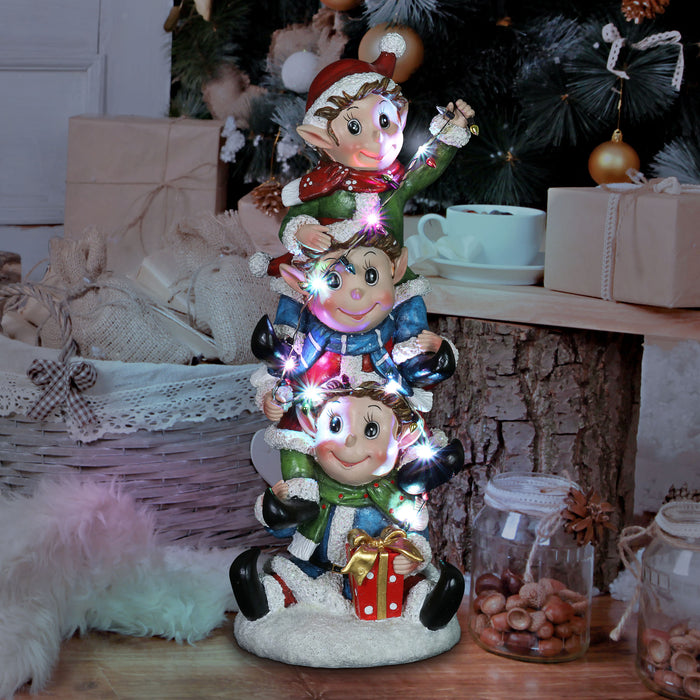 Hand Painted Stacked Christmas Elves with LED Lights Statuary on a ...