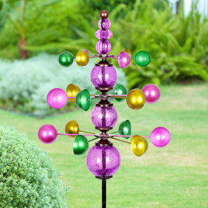 Three Tier Wind Spinner Garden Stake with Glass Crackle Balls in Purple, 14 by 48 Inches | Shop Garden Decor by Exhart
