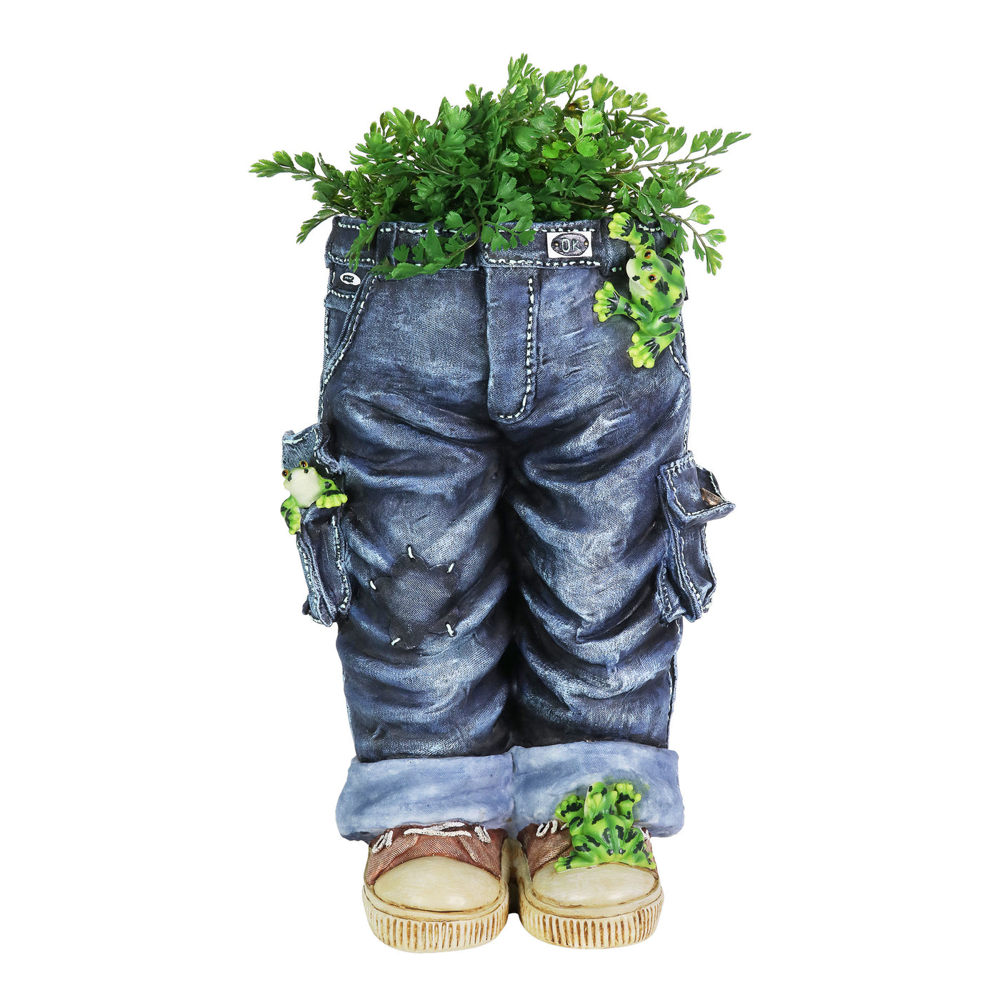 denim plant pots Hand Painted Standing Blue Jeans with Frogs Resin Planter, 13 by 19.5 Inches