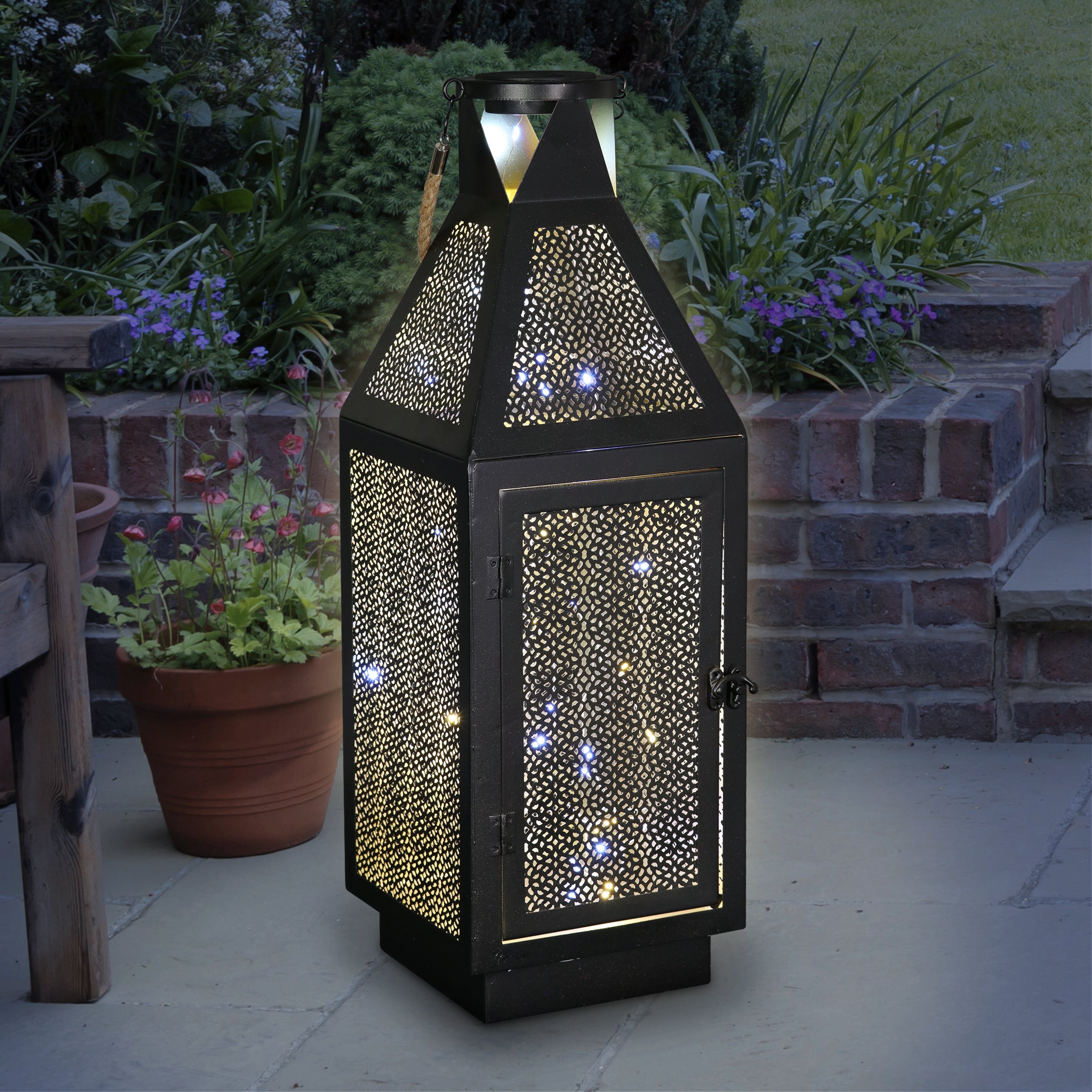 Black Metal Filigree Lantern with Fifty LED Lights - Thumbnail 2