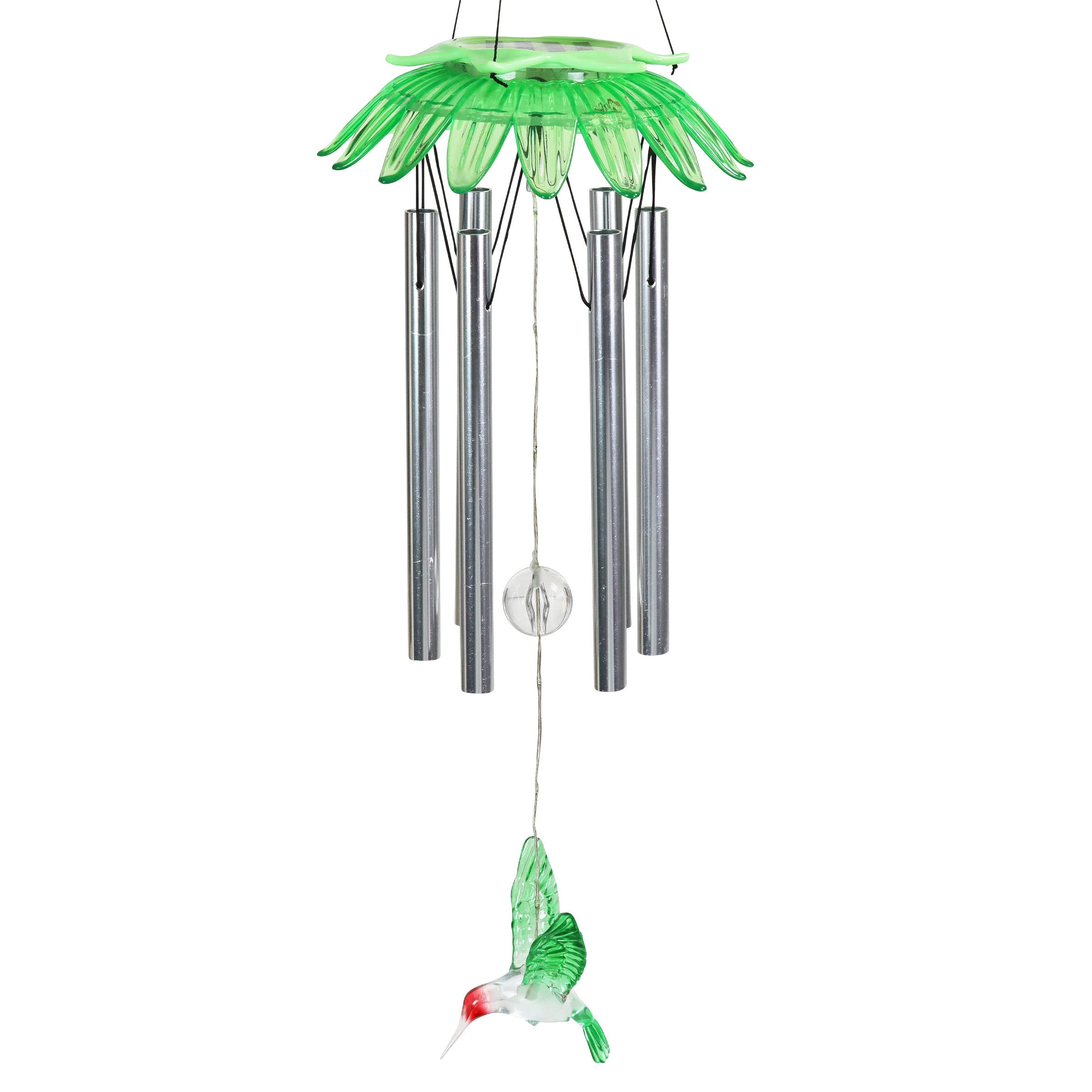Solar LED Green Flower Hanging Wind Chime with Hummingbird Charm - Thumbnail 2