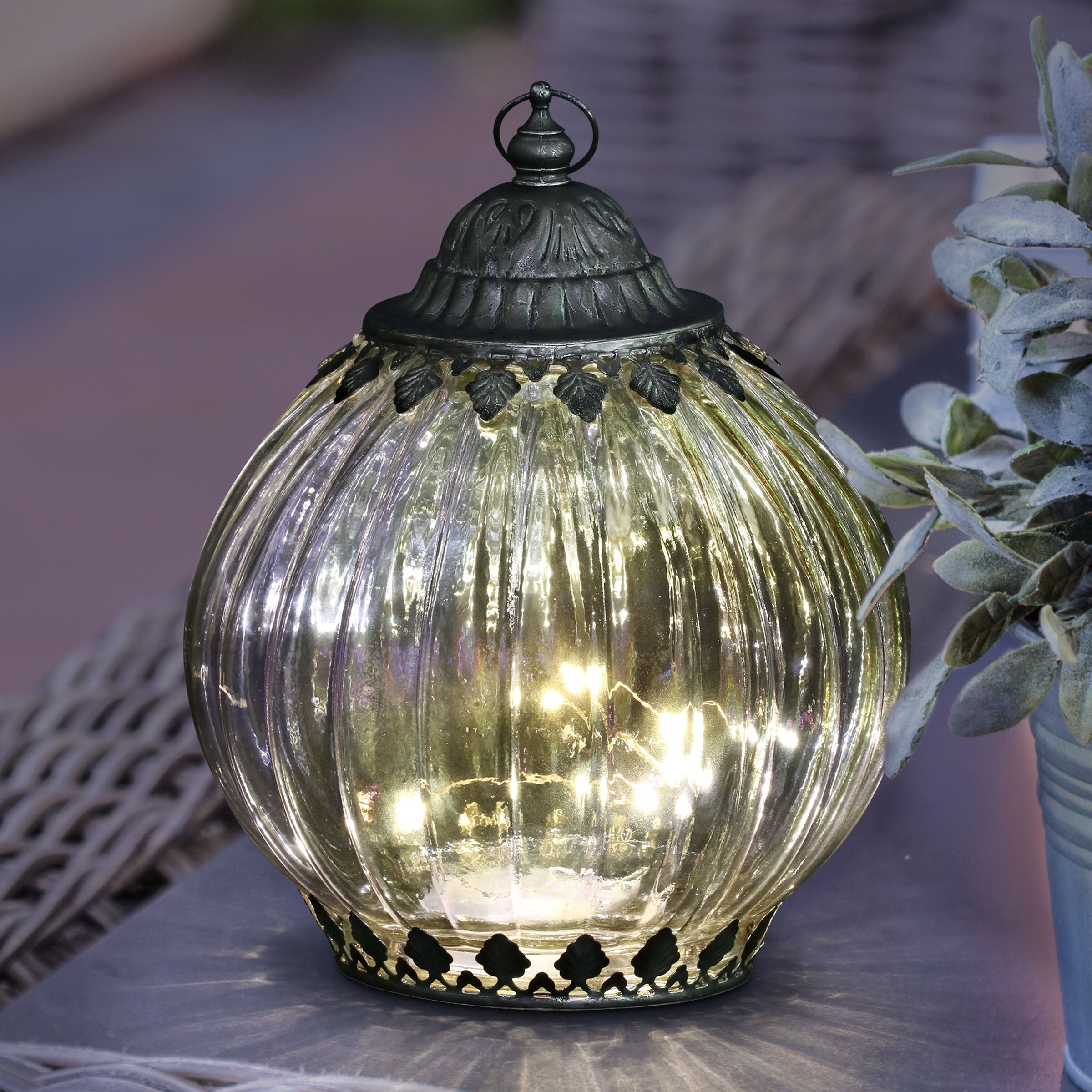 Opal Striped Glass Lantern With Timer, 8 Inch - Thumbnail 2