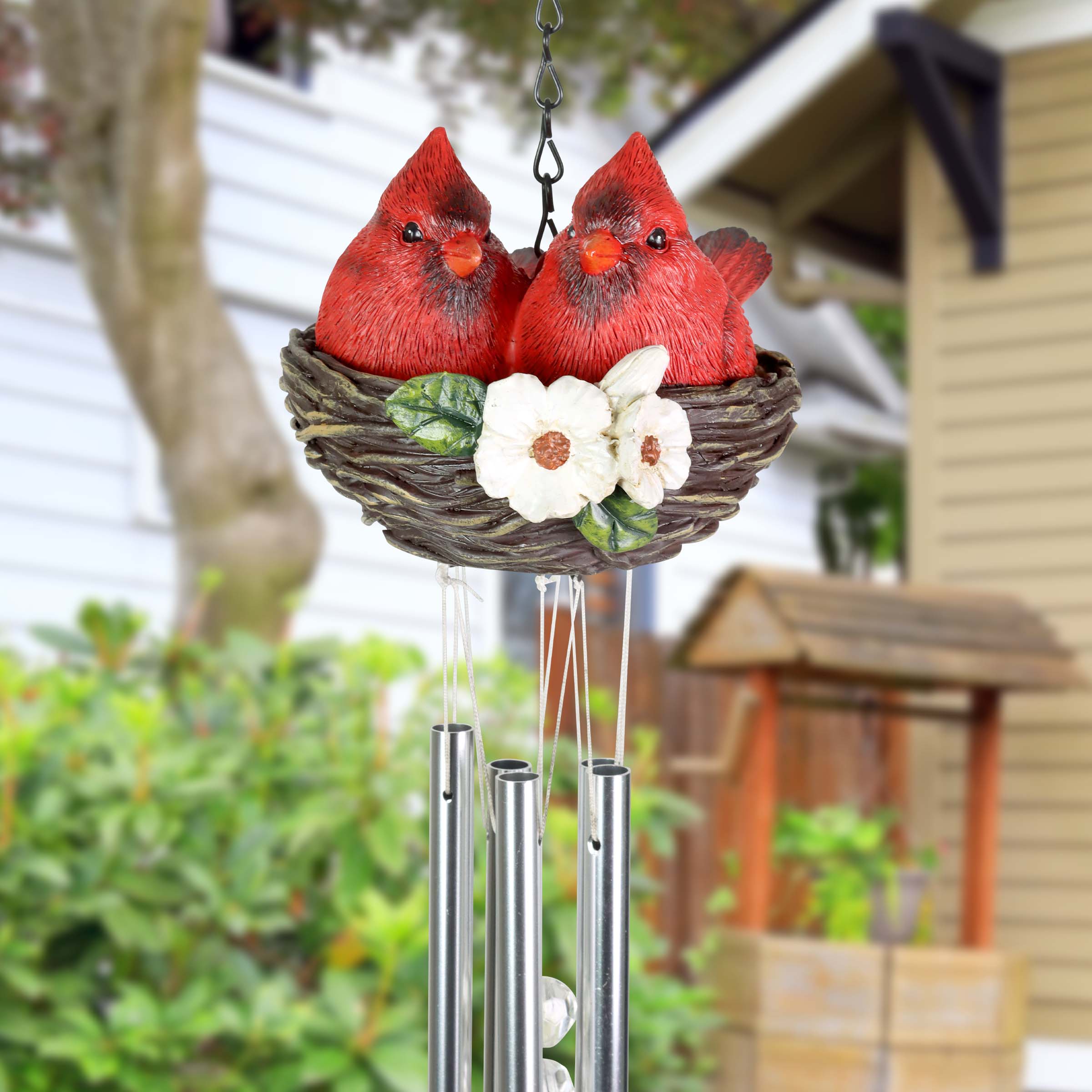 Nesting Cardinals with Flowers Hand Painted Resin Hanging Wind Chime - Thumbnail 3