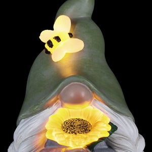 Solar Hand Painted Girl Gnome Garden Statue with Glowing Sunflower and Bumblebee, 6 by 9.5 Inches | Exhart