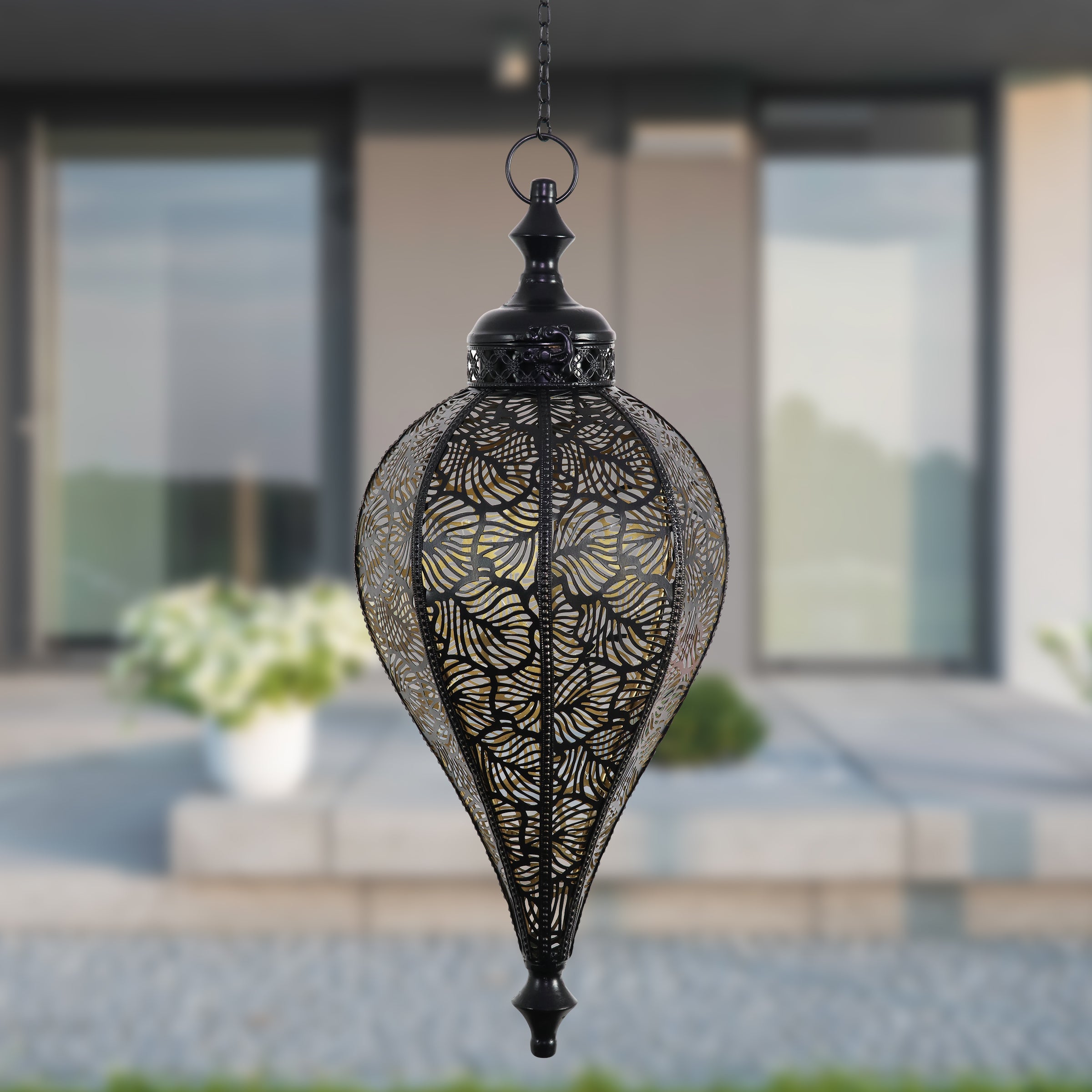 Hanging Metal Leaf Pattern LED Lantern with 5 Hour Battery Timer - Thumbnail 5