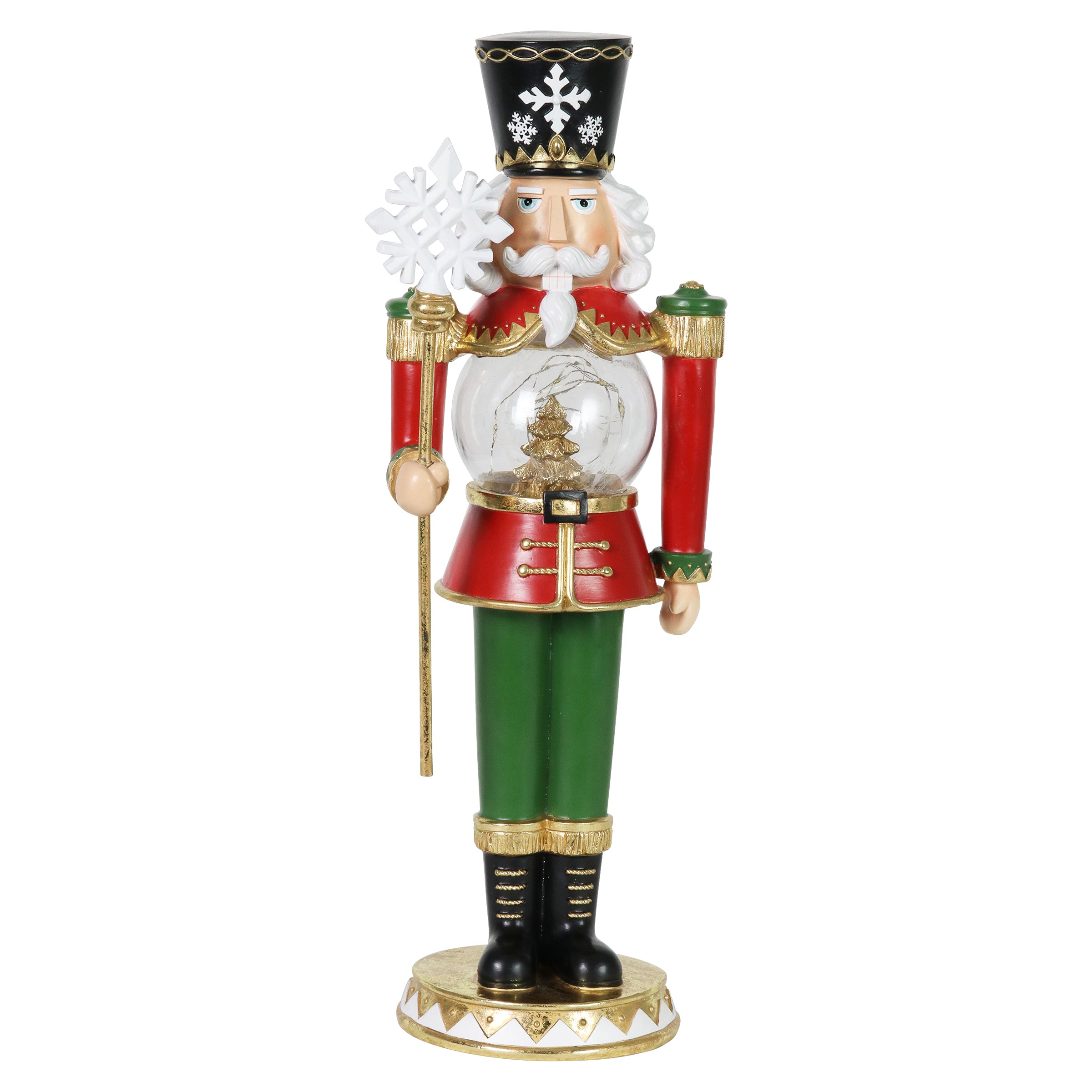 Hand Painted Nutcracker Soldier with LED Christmas Tree Globe Center and Snowflake Staff