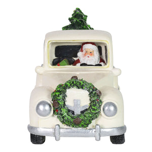 Vintage White Holiday Truck Driven by Santa with a Christmas Tree Statuary on a Battery Powered Timer, 12 x 6  Inches | Exhart