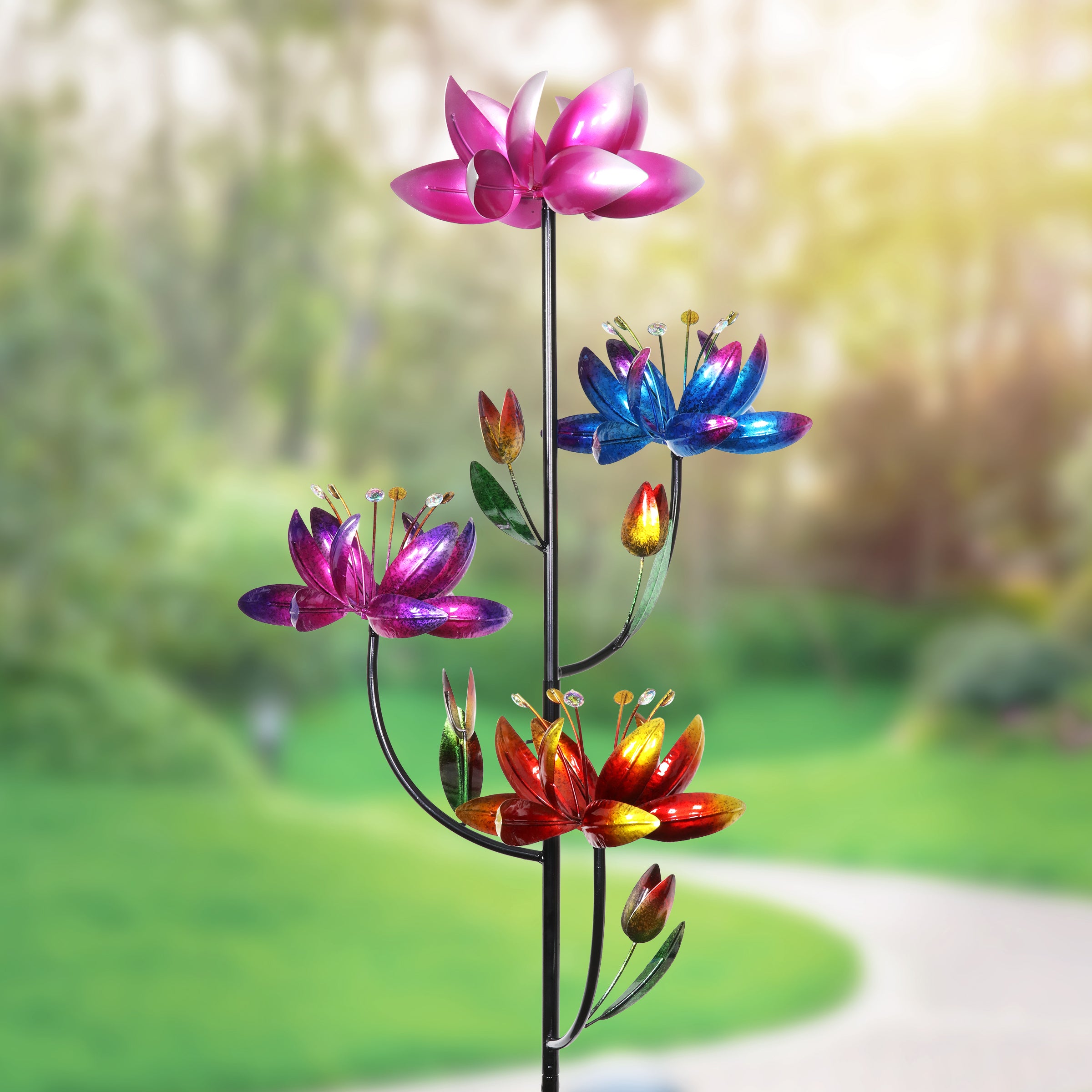 Exhart Lotus Flower Wind Spinner Garden Stake