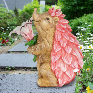 Solar Pink Hedgehog With LED Flower Statue, 9 Inch | Shop Garden Decor by Exhart