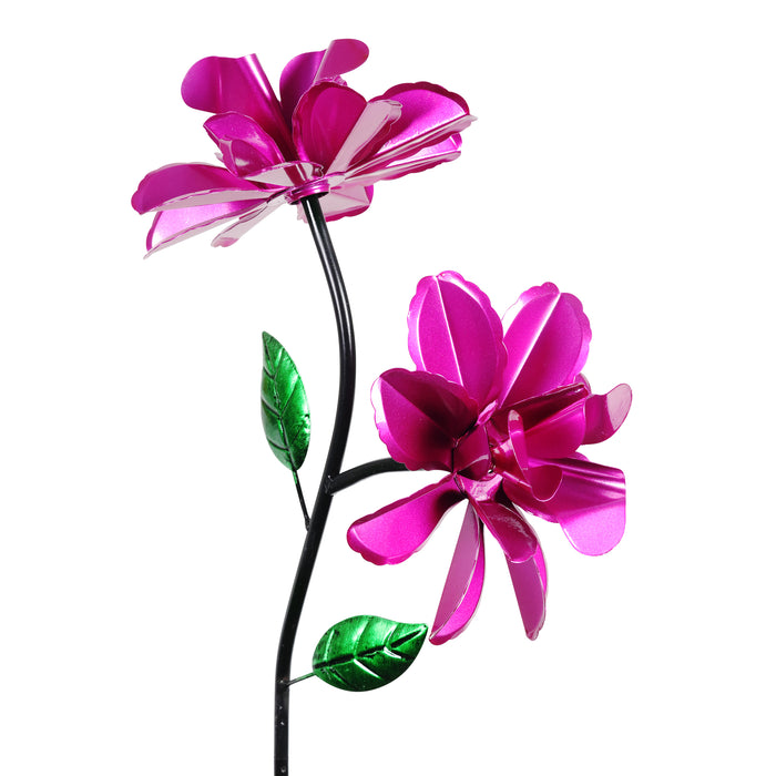 Double Rose Wind Spinner Garden Stake Hand Painted in Metallic Pink, 12 by 39 Inches
