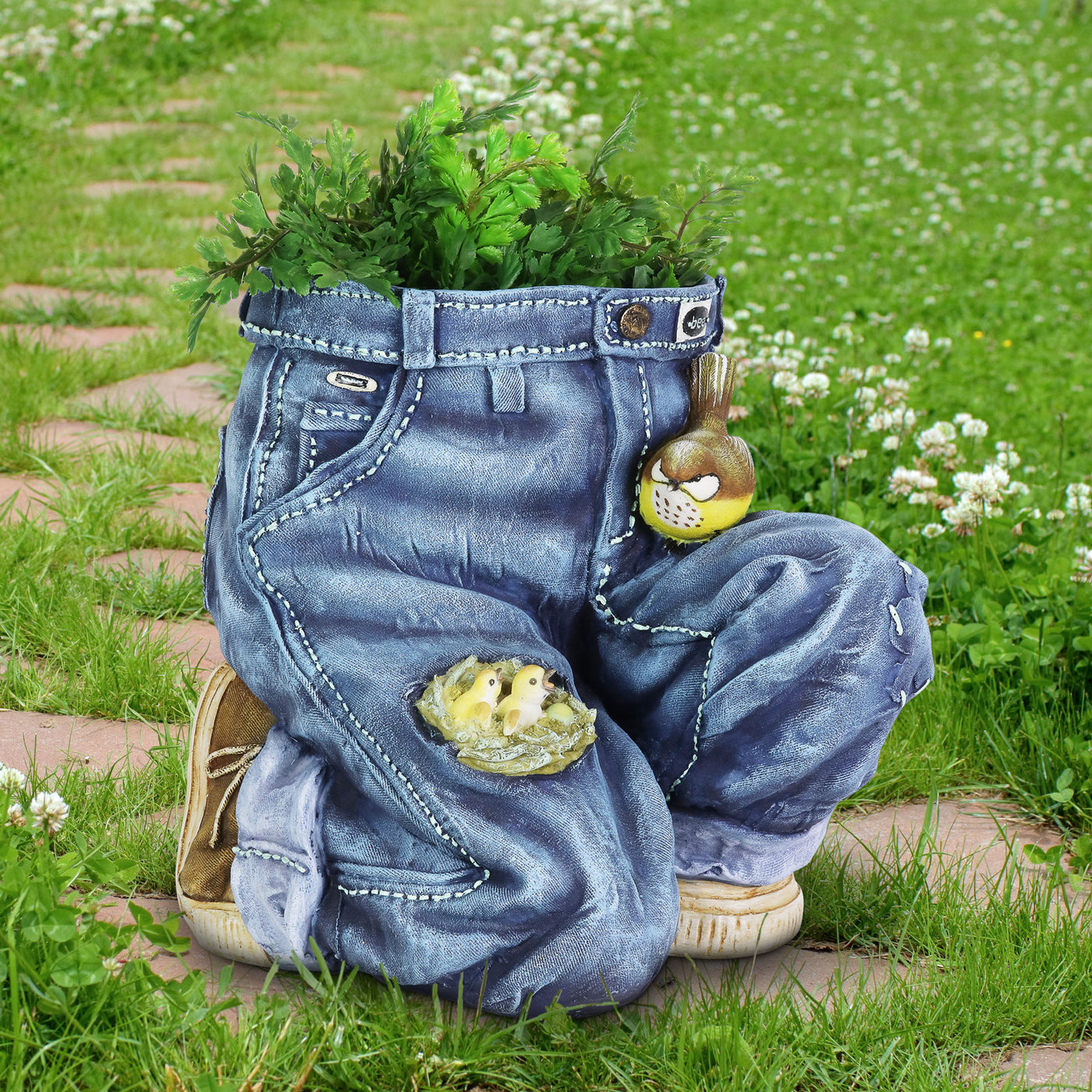 denim plant pots Hand Painted Bended Knee Blue Jeans with Birds Resin Planter, 13.5 by 13 Inches