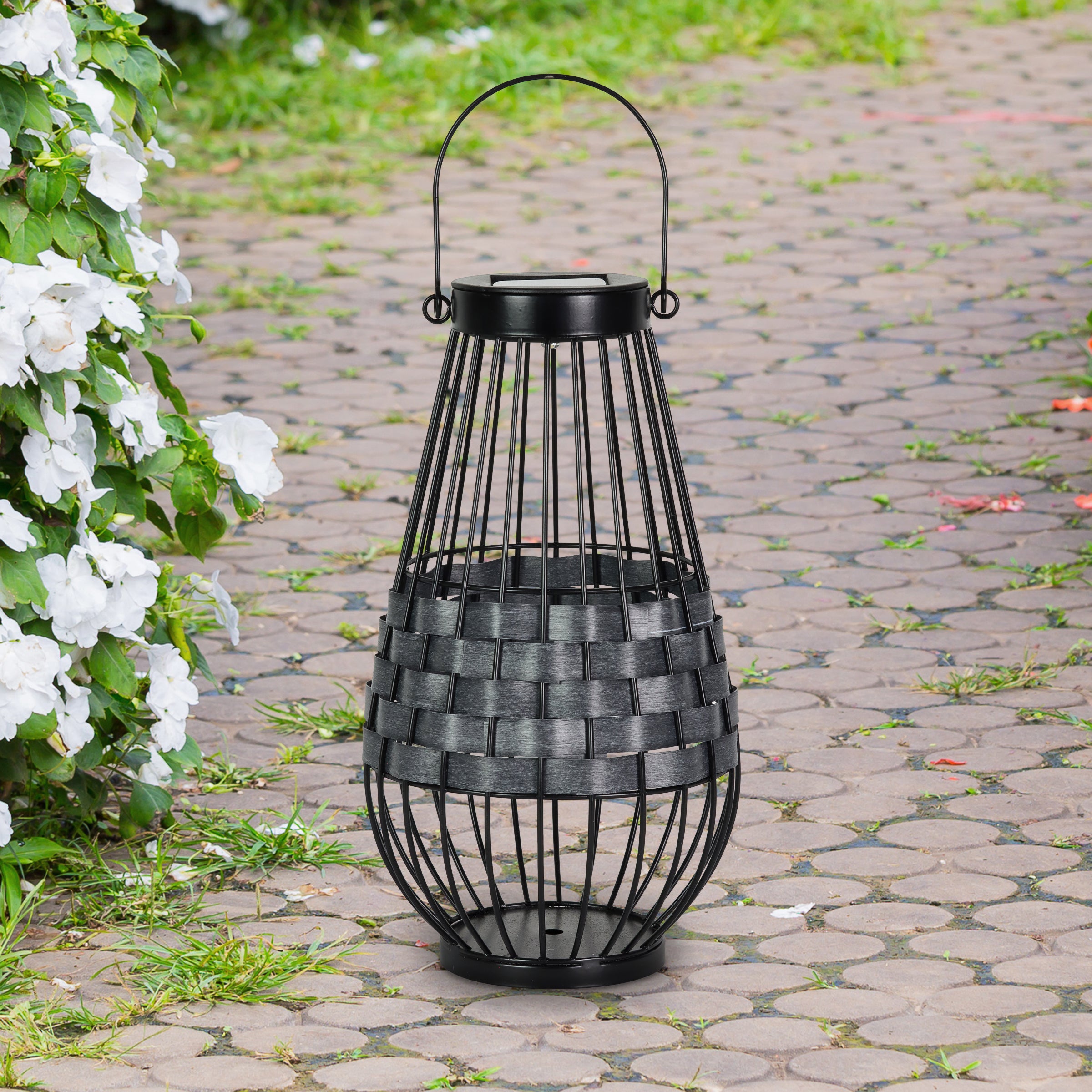 Solar Black Metal and Grey Plastic Rattan Lantern - Thumbnail 4