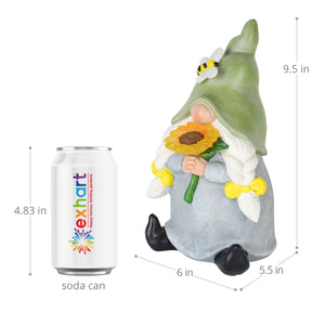 Solar Hand Painted Girl Gnome Garden Statue with Glowing Sunflower and Bumblebee, 6 by 9.5 Inches | Exhart